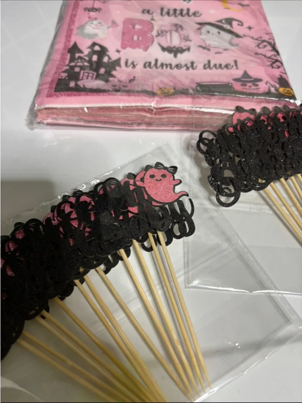 Pink Halloween 'A Little Boo Is Almost Due' Party Napkins & cake, toppers